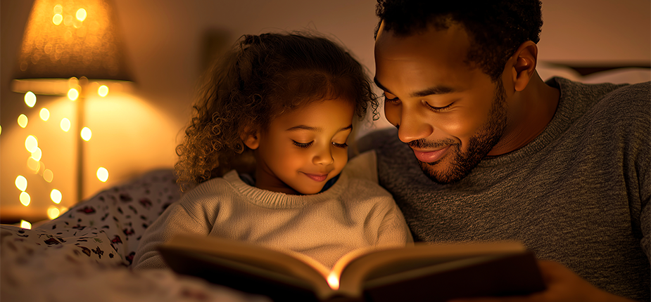 Father and daughter reading via lamp powered by Consumers Energy